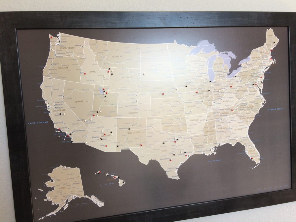 Push pin travel map of USA