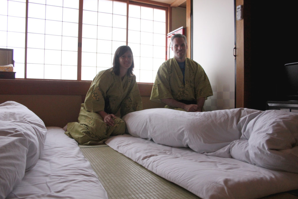 Futons on a tatami mat in a Japanese style hotel