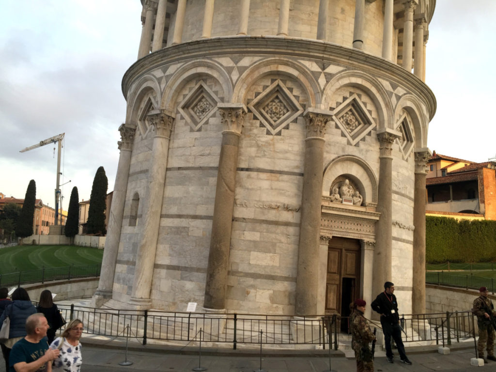 The base of the leaning tower in Pisa, Italy