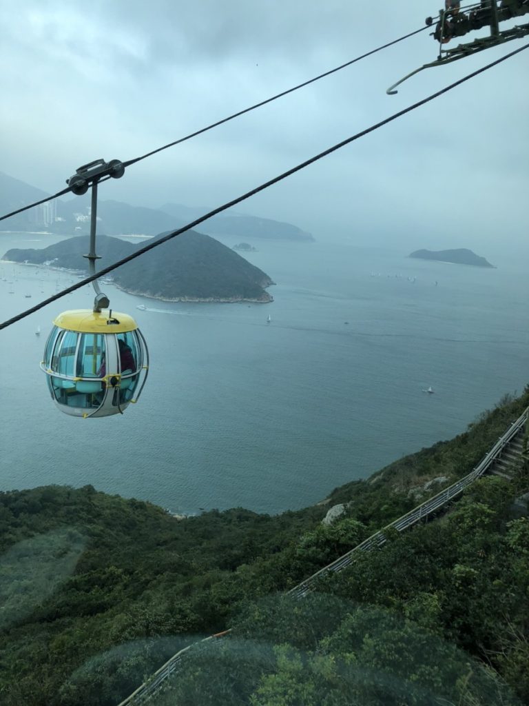 view from the cable car ride at Ocean Park, Hong Kong connecting the summit to the waterfront. 