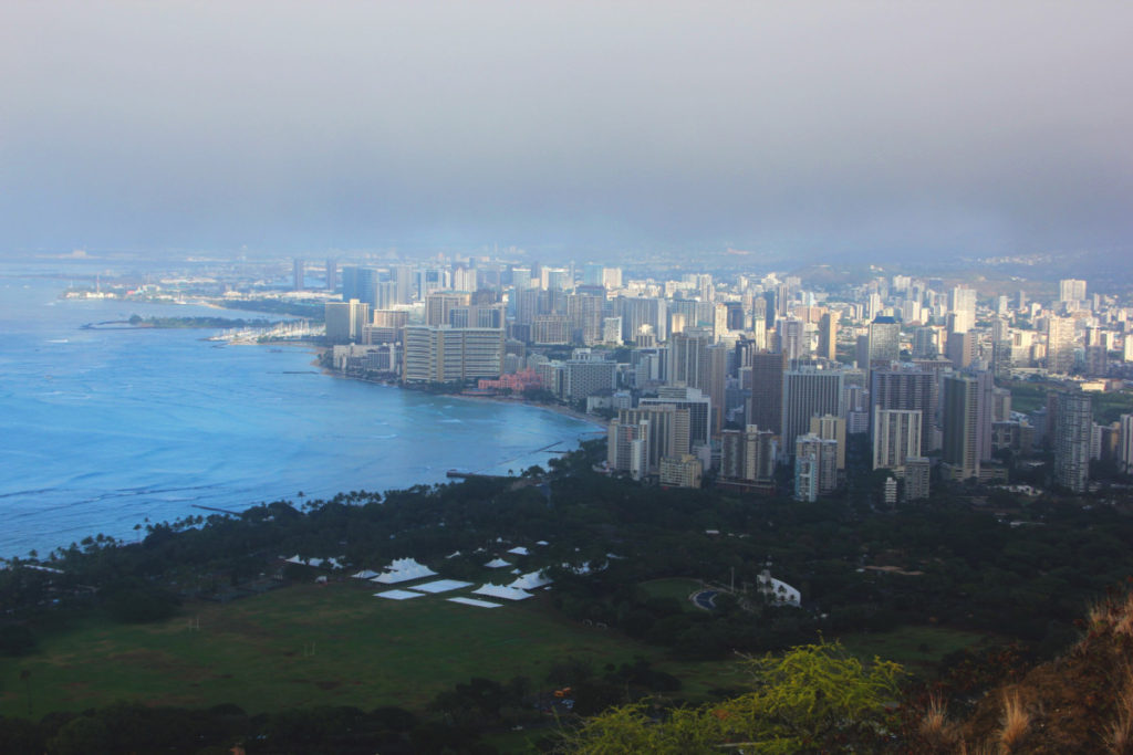 View of Honolulu from the top of Diamond Head on Oahu, Hawaii
