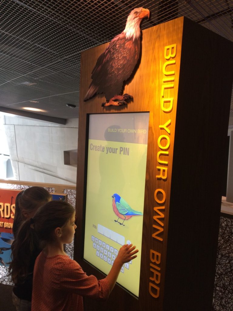 build your own 2 girls at bird kiosk at Perot Museum