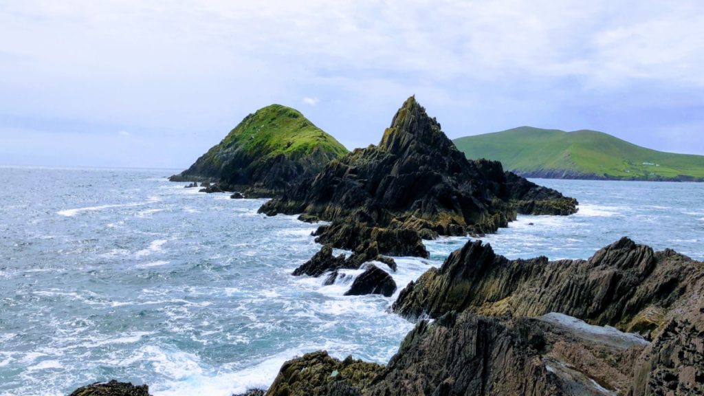 View of craggy rock blakste islands off the coast of Ireland