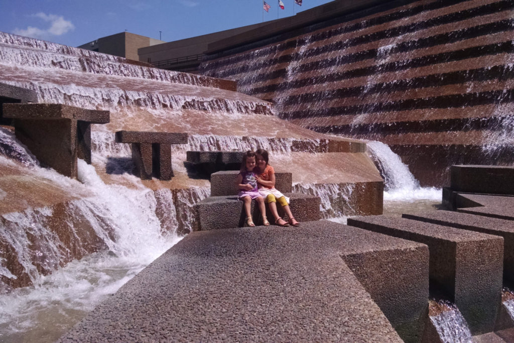 3 kids at the water Gardens in Fort Worth