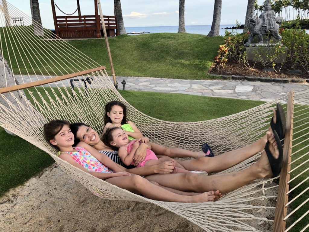 Mom and 3 girls in a Hammock at Hilton Waikoloa