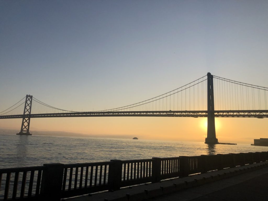 Sunrise behind the Bay Bridge in San Francisco