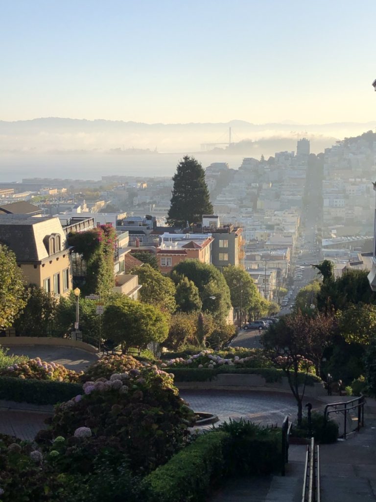 Misty View of San Francisco from the top of Lombard street