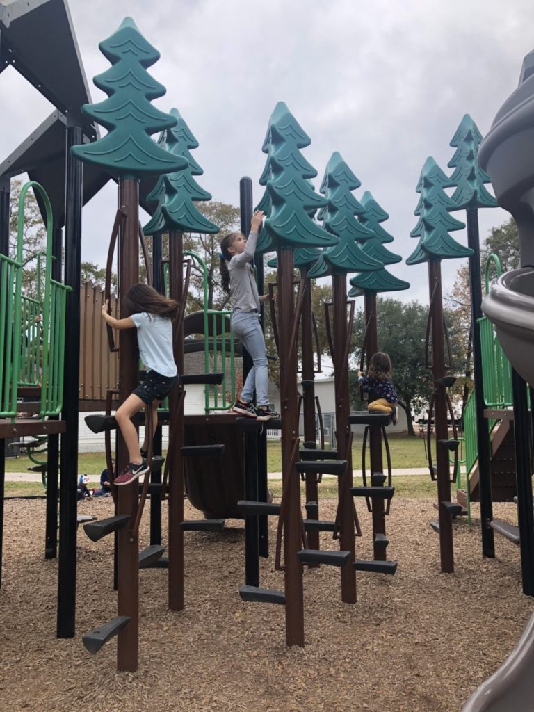 3 girls Climbing trees in Candy Cane Park Conroe, texas