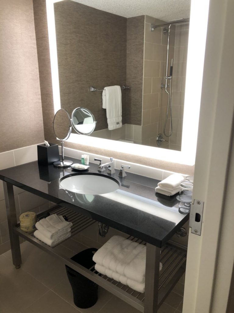 Lighted mirror and bathroom vanity in the suites at Westin DFW airport