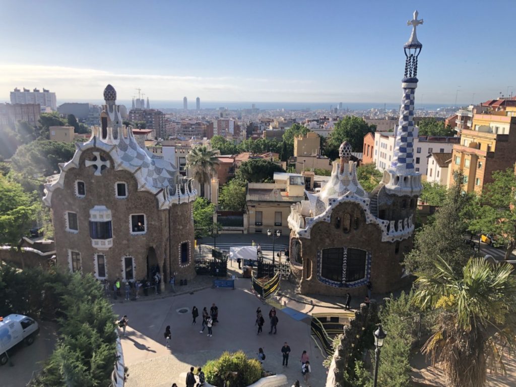 2 Antoni Gaudi buildings from the Overlook at Park Guell in Barcelona