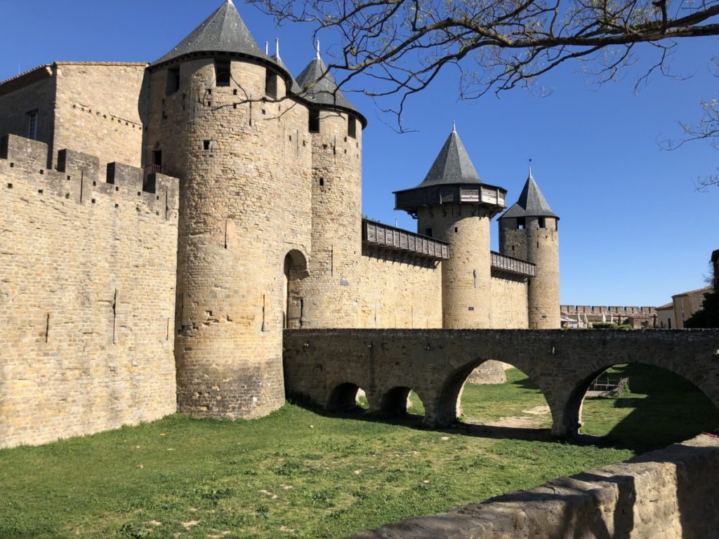 turrets and fortified wall of the Chateau in the Carcassone mideval city