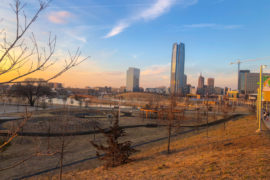 View of Scissortail park and the skyline of Oklahoma City, OKC