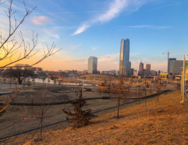 View of Scissortail park and the skyline of Oklahoma City, OKC