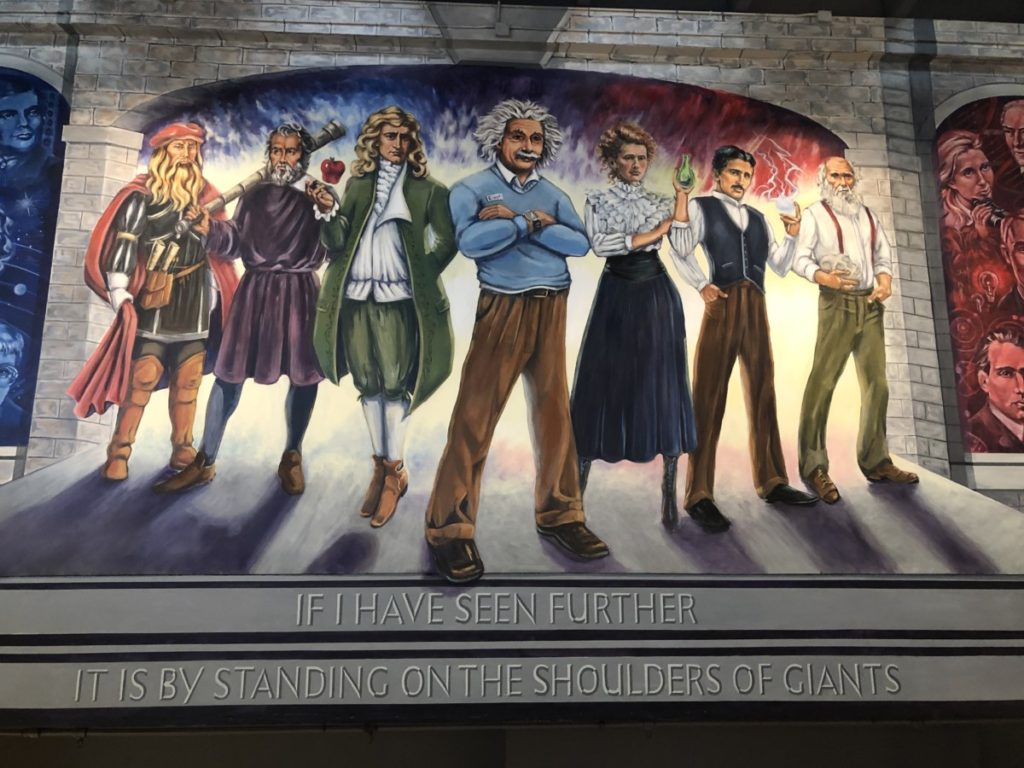 Oklahoma 7 scientists from history painted on the wall at the science Museum Standing on the Shoulders of Giants