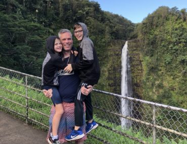 Dad carried 2 big kids at Akaka State Falls on the Big Island of Hawaii