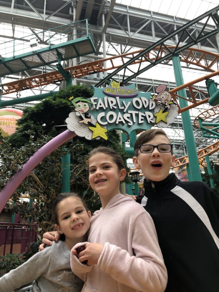 3 kids at Fairly Odd Coaster at Nickelodeon Universe of Mall of America in Minneapolis