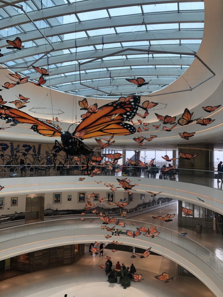 Butterflies hang from the ceiling at the Mall of America top level looking down on 4 levels of the Mall