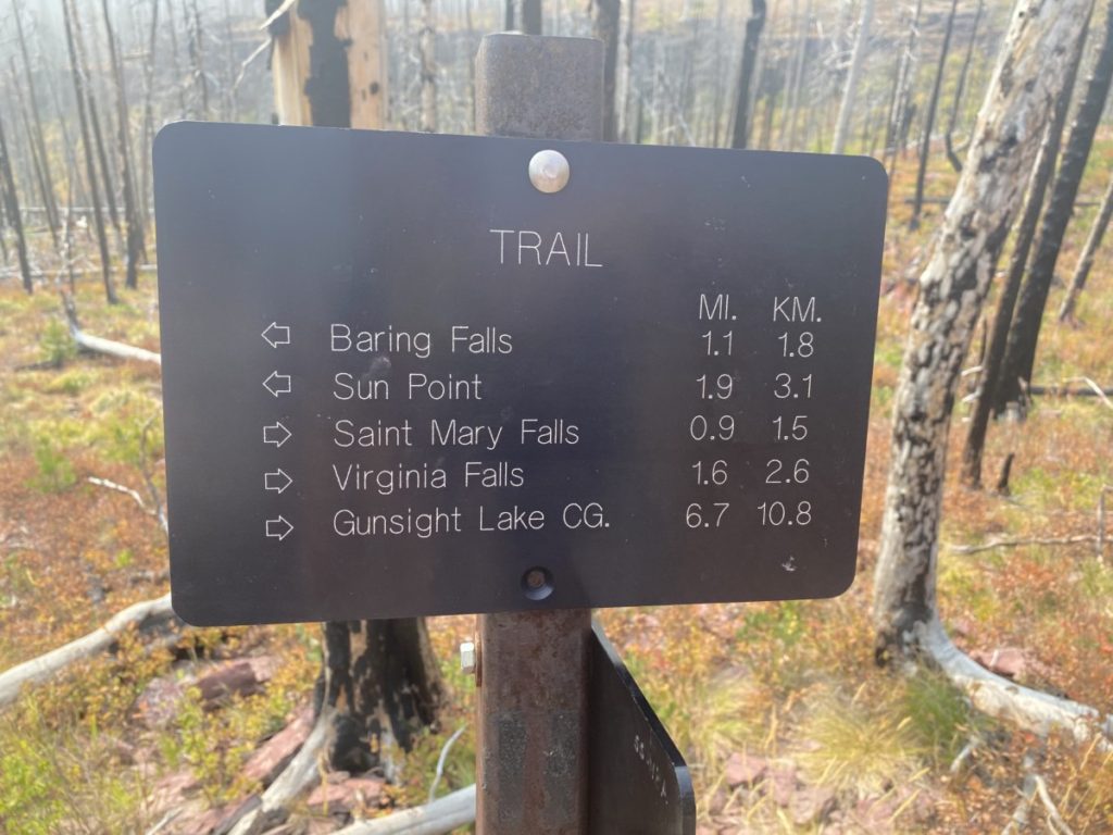 Trail marker at St. Mary's Falls Trailhead