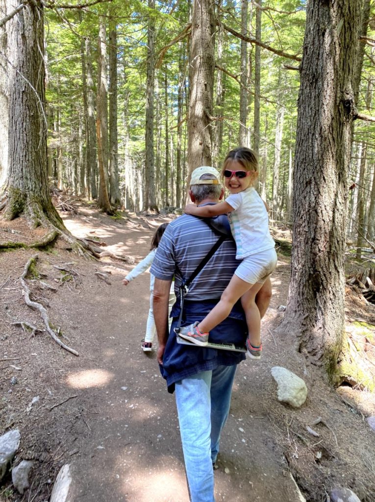 A little girl on a piggy back rider on the Avalanche Lake Trail in Glacier National Park