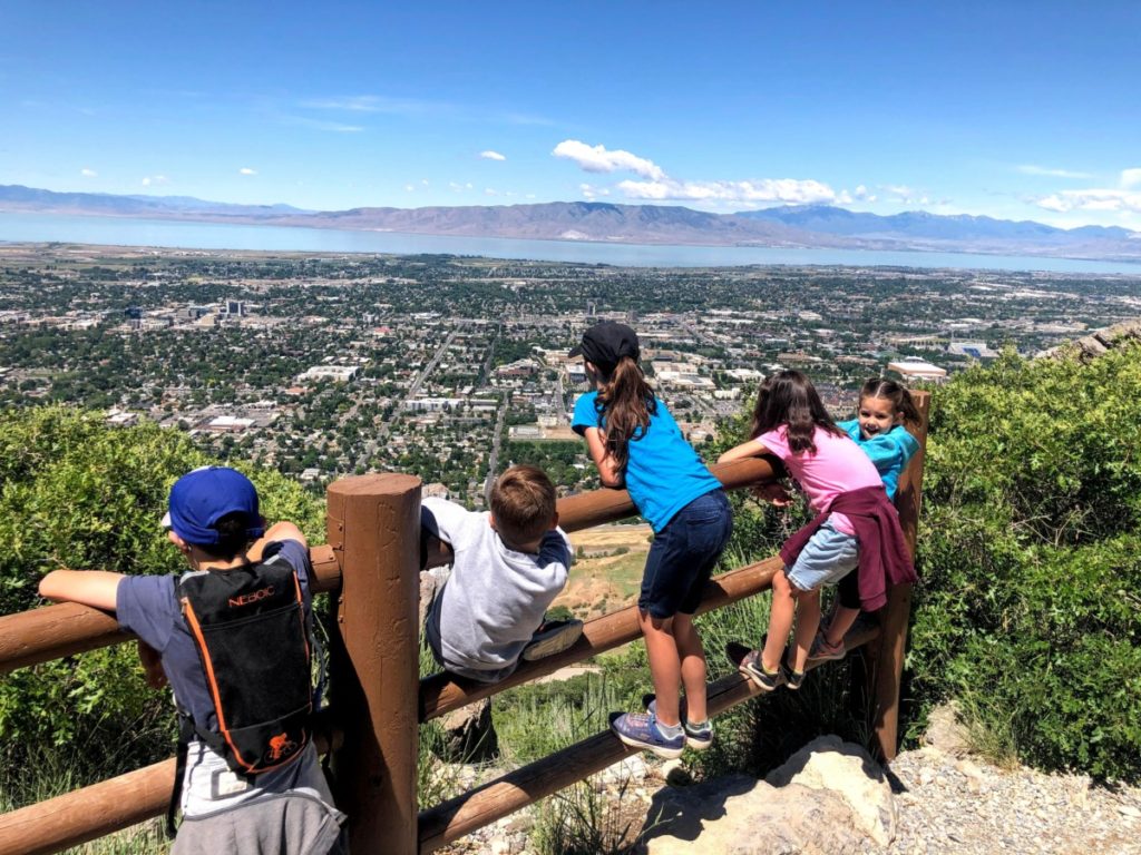 HIking the Y with 5 kids, overlooking Utah Valley 