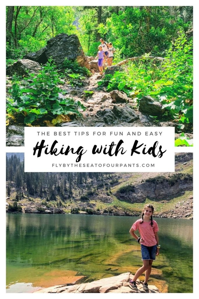 Hiking with kids pin with 2 photos of girls hiking with mom
