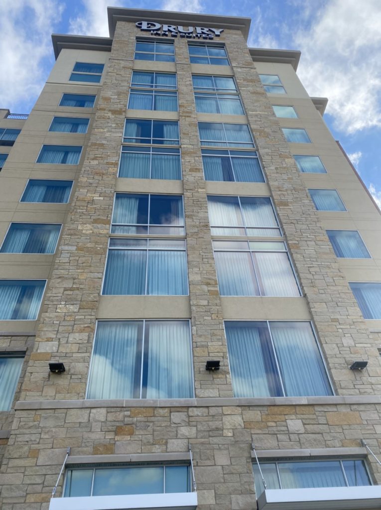 Outdoor shot of the 9 story windows on Drury Inn and Suites in Frisco