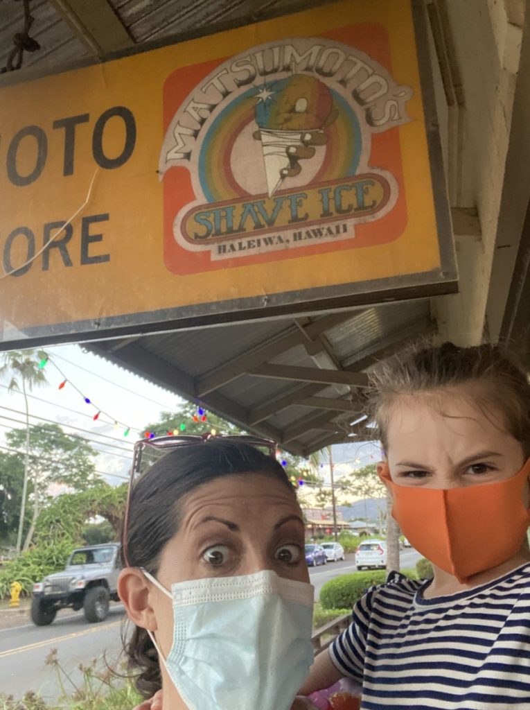 Mom and Daughter Masked up at Matsumoto's Shave Ice in Haleiwa, Hawaii