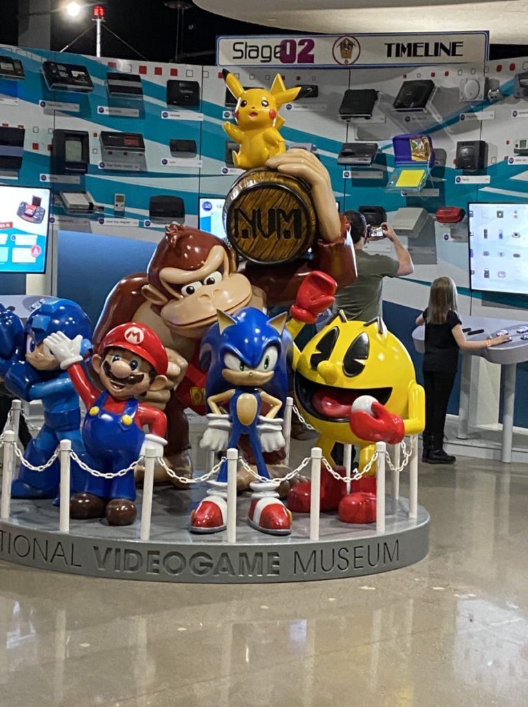 Famous video game characters sonic, mario and donkey kong at the National Video game museum