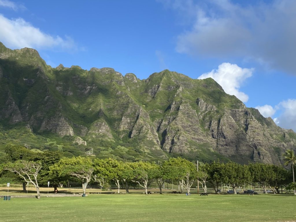 Green grass in front of the green moss coverent jagged mountains on oahu, Hawaii