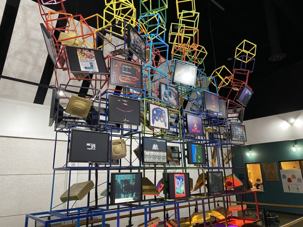 Art instalation with old video game consoles at National Video Game Museum in Frisco