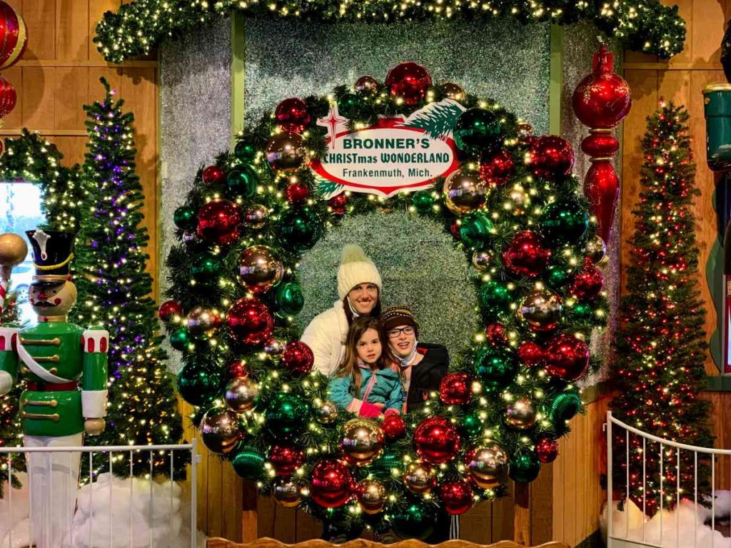 Mom and kids at Bronners Christmas store Frankenmuth